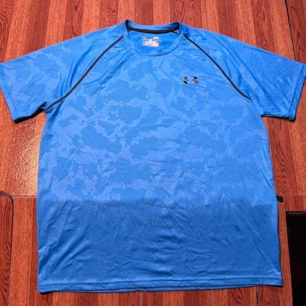 Under Armour Blue Camo Heat Tech Retro Sportswear‎ Running Train Shirt Large